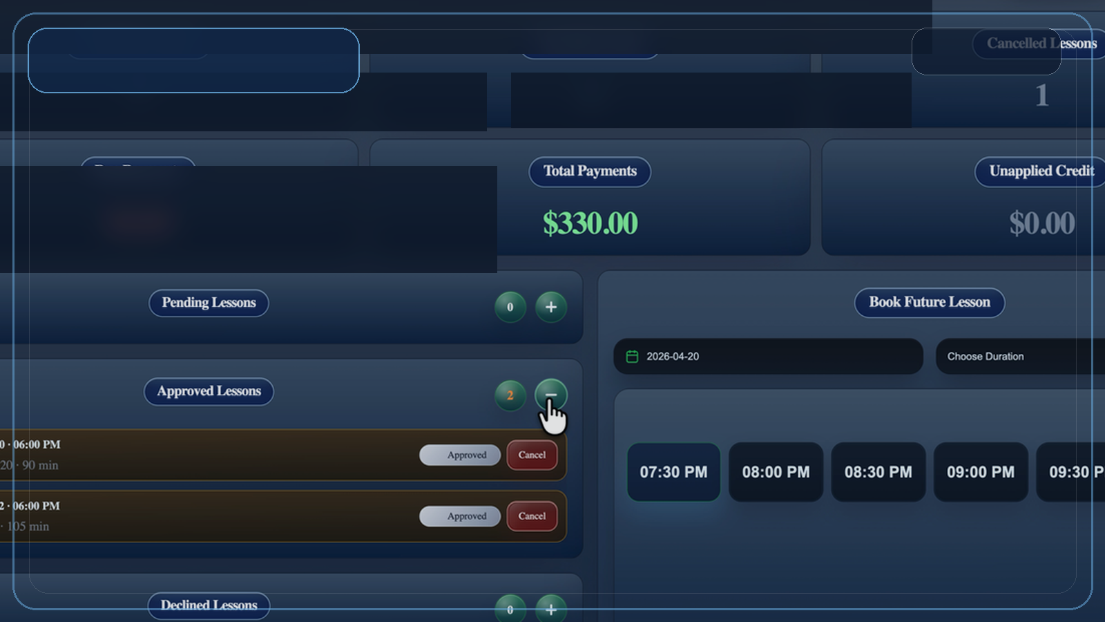 Redacted Student Portal booking preview showing lesson booking and cancellation areas.