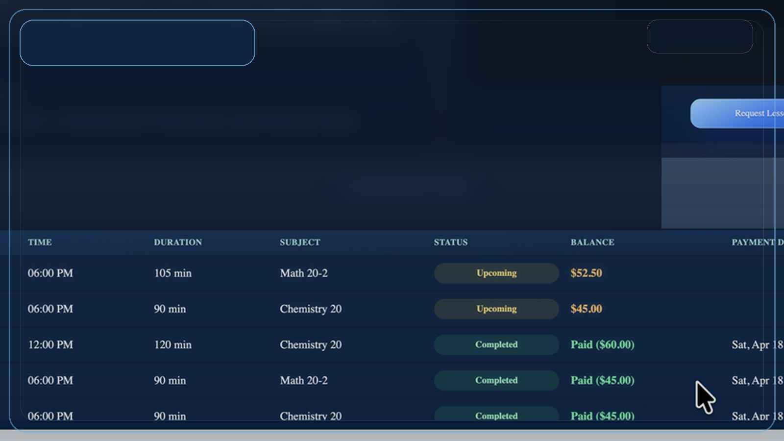 Redacted Student Portal history preview showing lessons and payment history areas.