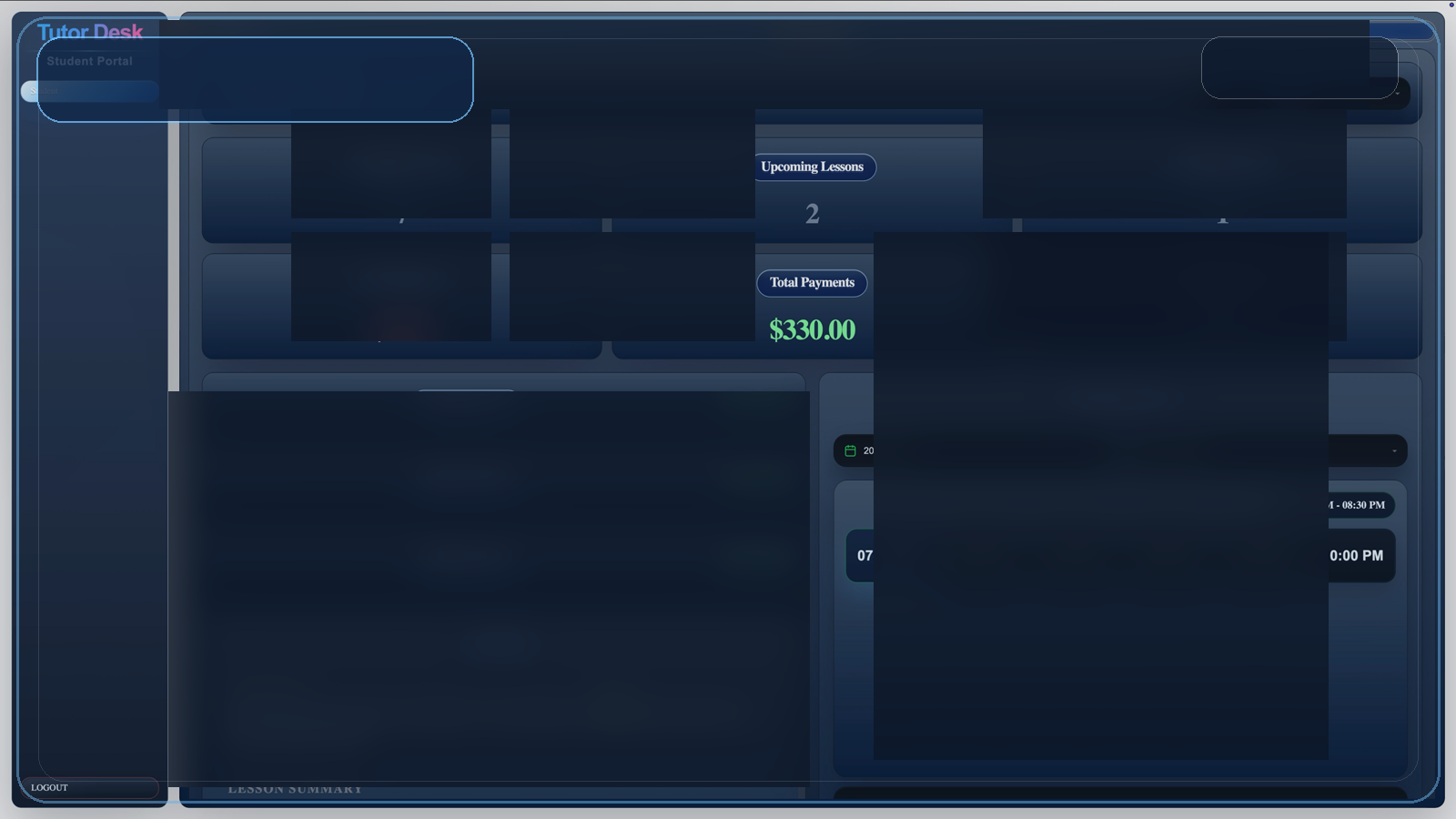 Redacted Student Portal dashboard preview with private details removed.