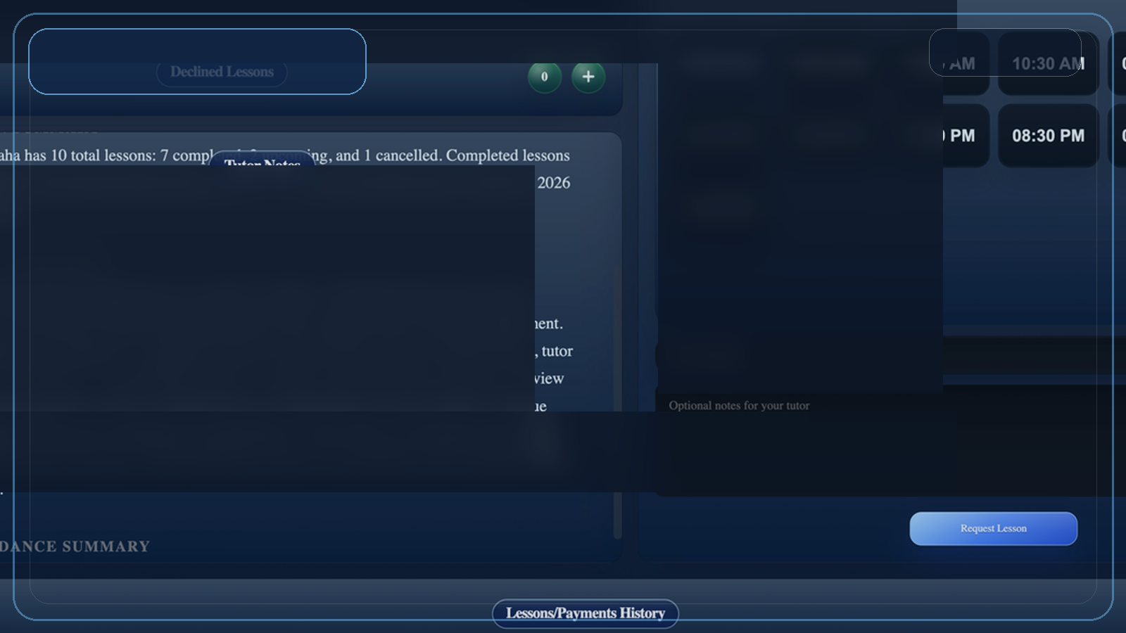 Redacted Student Portal progress preview showing progress notes and assessment areas.